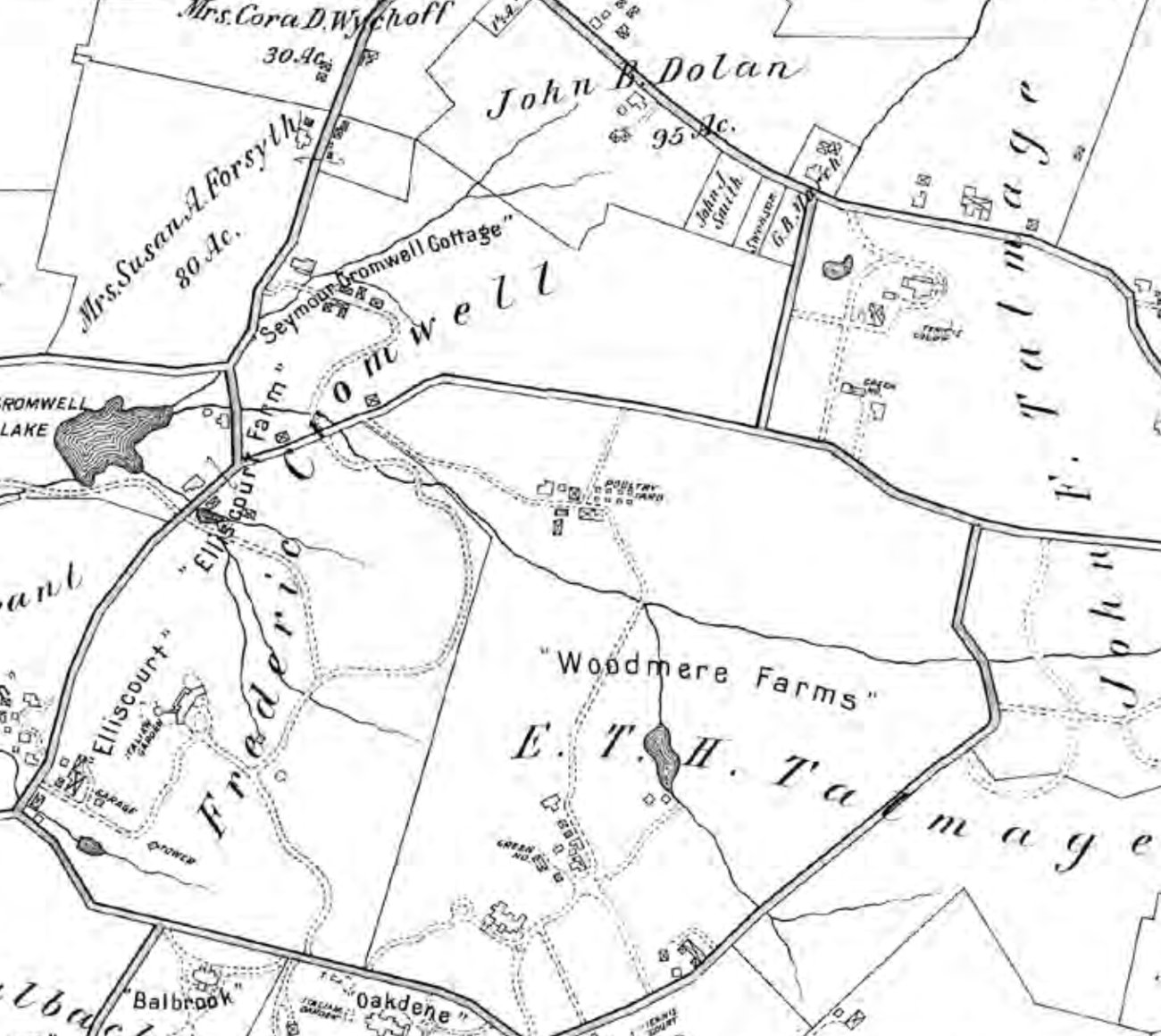 A turn-of-the-20th-century map showing Cromwell, bordered by Cromwell Lane and Prentice Lane, with the Seymour Cromwell Cottage marked near the property