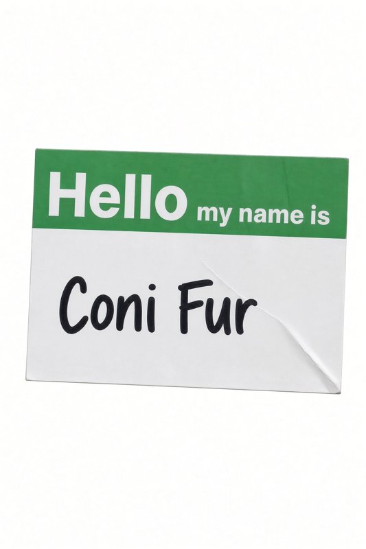 A sticky name tag reading Hello my name is Coni Fur, a pun on conifer