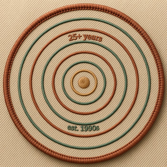 An embroidered patch version of the rings mark, with 25+ years and est. 1990s stitched in thread around a gold center