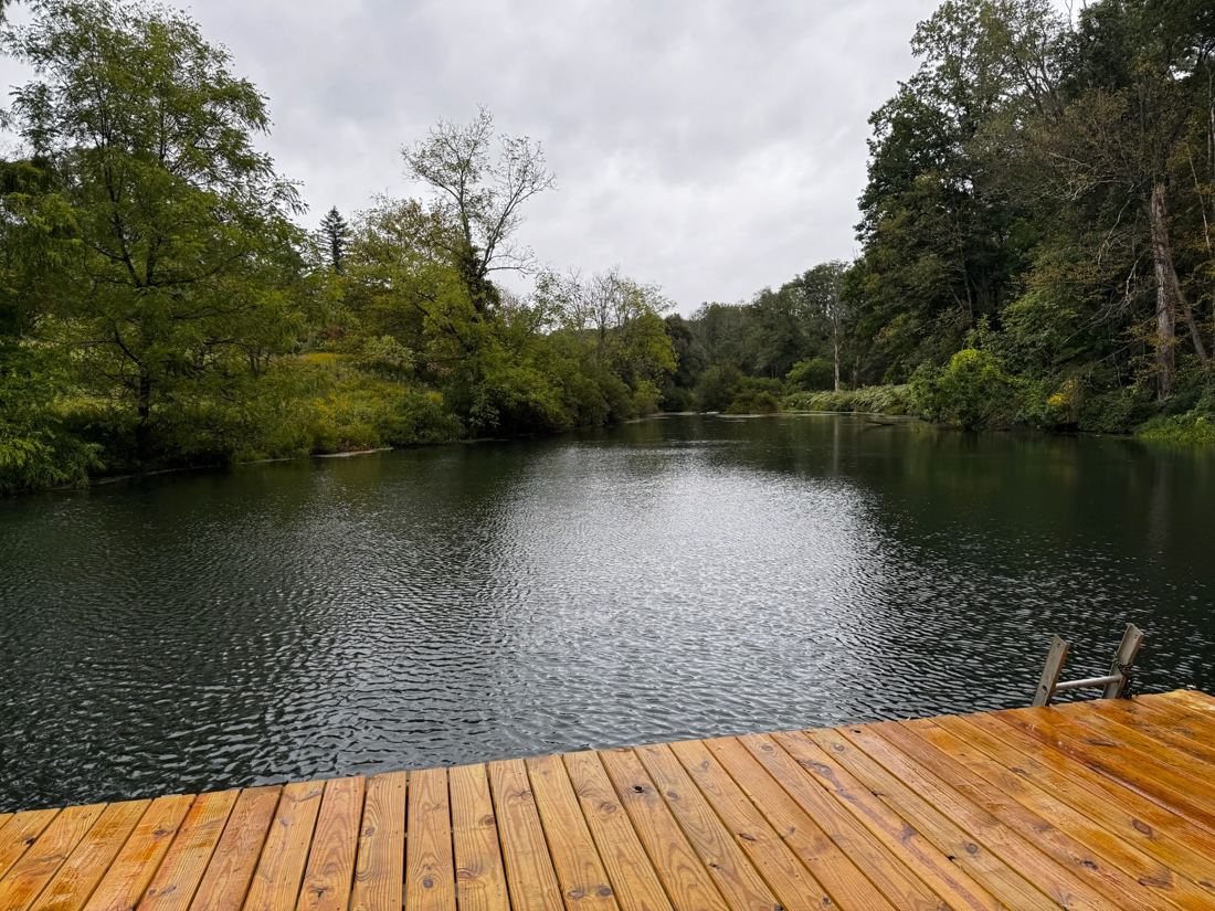 Looking across the farm pond from a new wooden dock, with rippled water and green trees along both banks
